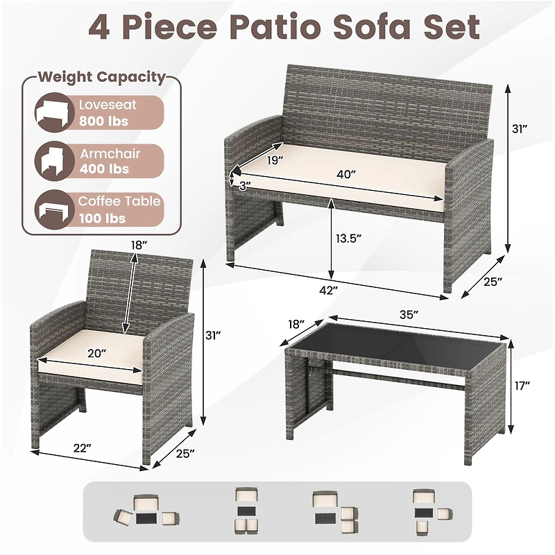 4 Piece Patio Conversation Set Rattan Chair Loveseat and Table