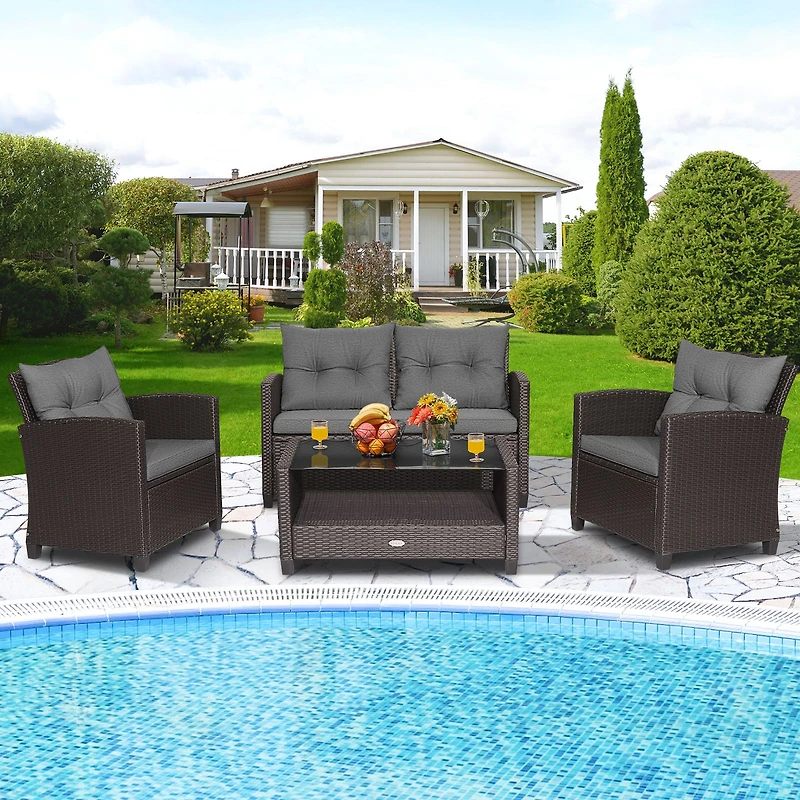 Ensemble de mobilier de salon en rotin pour terrasse, 4 pièces, table basse à plateau en verre - Gris