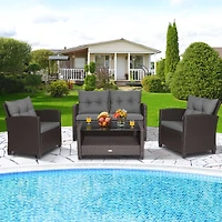 Ensemble de mobilier de salon en rotin pour terrasse, 4 pièces, table basse à plateau en verre - Gris