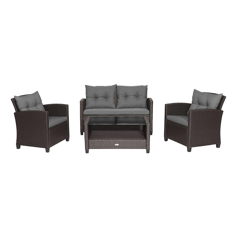 4-Piece Patio Rattan Conversation Furniture Set, Glass Top Coffee Table - Gray
