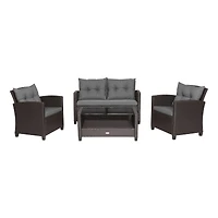 4-Piece Patio Rattan Conversation Furniture Set, Glass Top Coffee Table - Gray