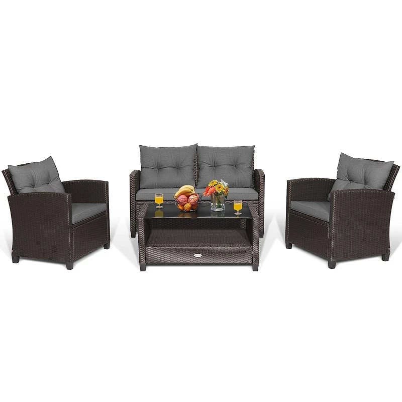 4-Piece Patio Rattan Conversation Furniture Set, Glass Top Coffee Table - Gray