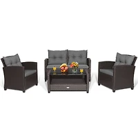 4-Piece Patio Rattan Conversation Furniture Set, Glass Top Coffee Table - Gray