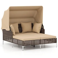 Outdoor Daybed, Retractable Canopy PE Wicker Rattan Patio Lounger - Brown