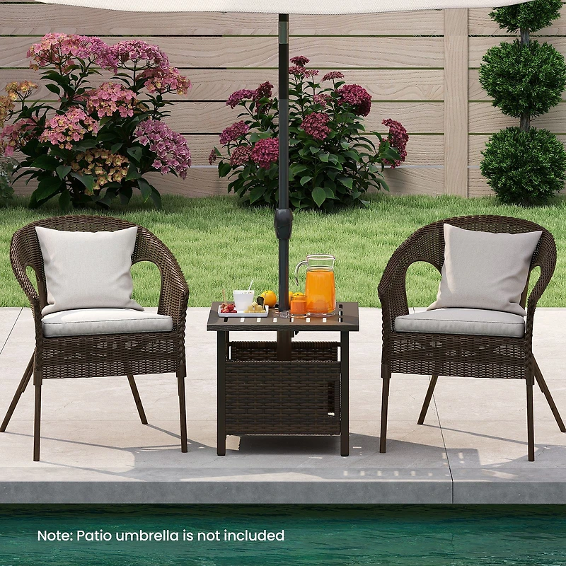 Outdoor Side Table, 1.93" Umbrella Hole All-Weather PE Wicker Patio Umbrella Table - Brown