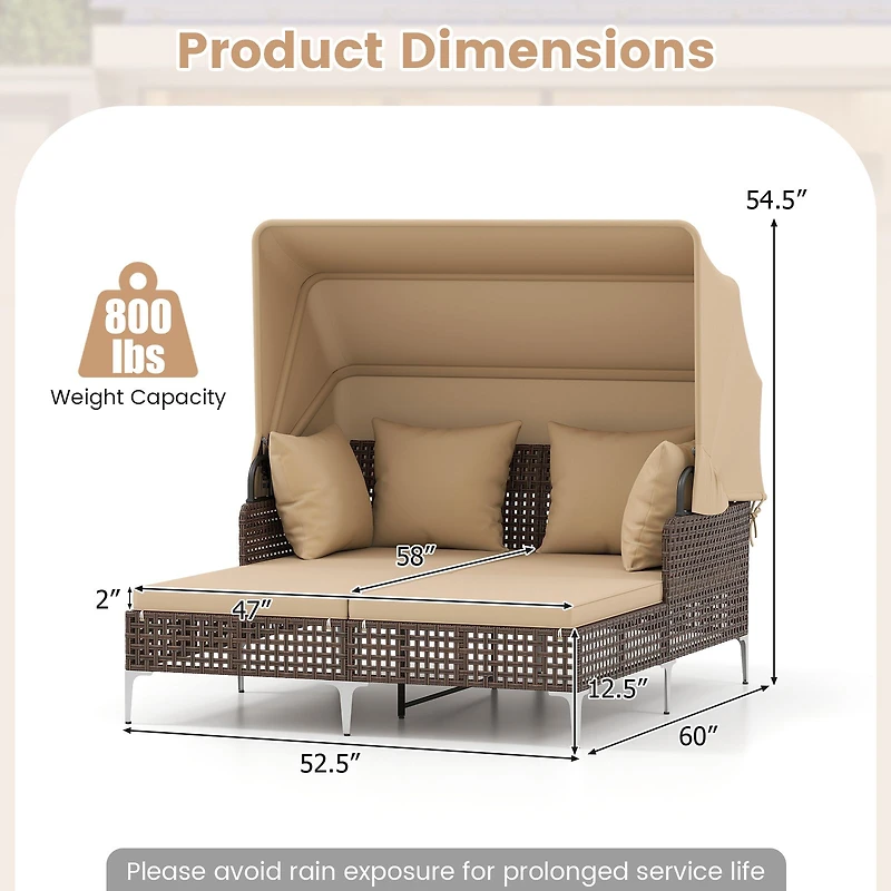 Outdoor Daybed, Retractable Canopy PE Wicker Rattan Patio Lounger - Brown