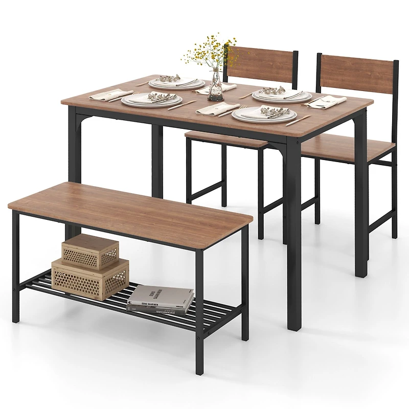 4-Piece Rustic Dining Table Set, 2 Chairs and Bench - Brown