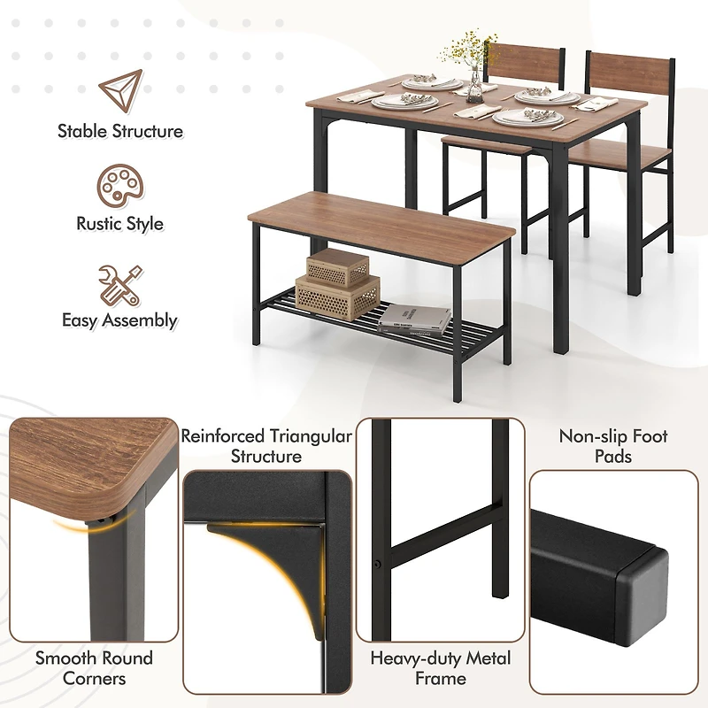 4-Piece Rustic Dining Table Set, 2 Chairs and Bench - Brown