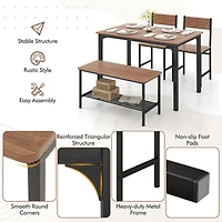 4-Piece Rustic Dining Table Set, 2 Chairs and Bench - Brown