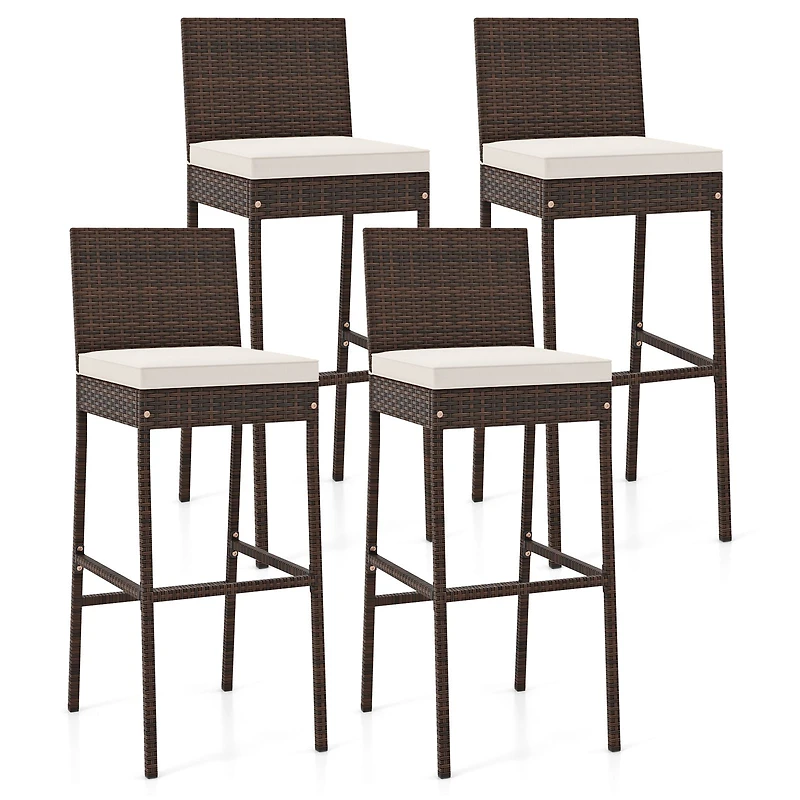 Set of 4 Patio Wicker Barstools, Seat Cushion and Footrest - Set of 4