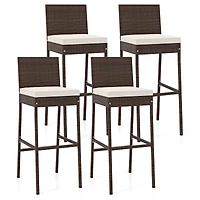 Set of 4 Patio Wicker Barstools, Seat Cushion and Footrest - Set of 4
