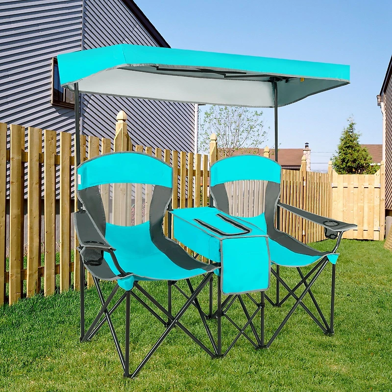 Chaises de camping pliantes portables, auvent et porte-gobelets, Turquoise