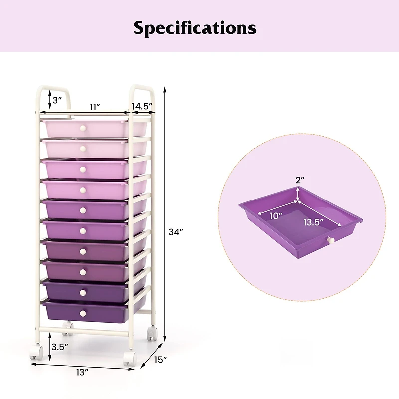 10 Drawer Rolling Storage Cart Organizer, 4 Universal Casters