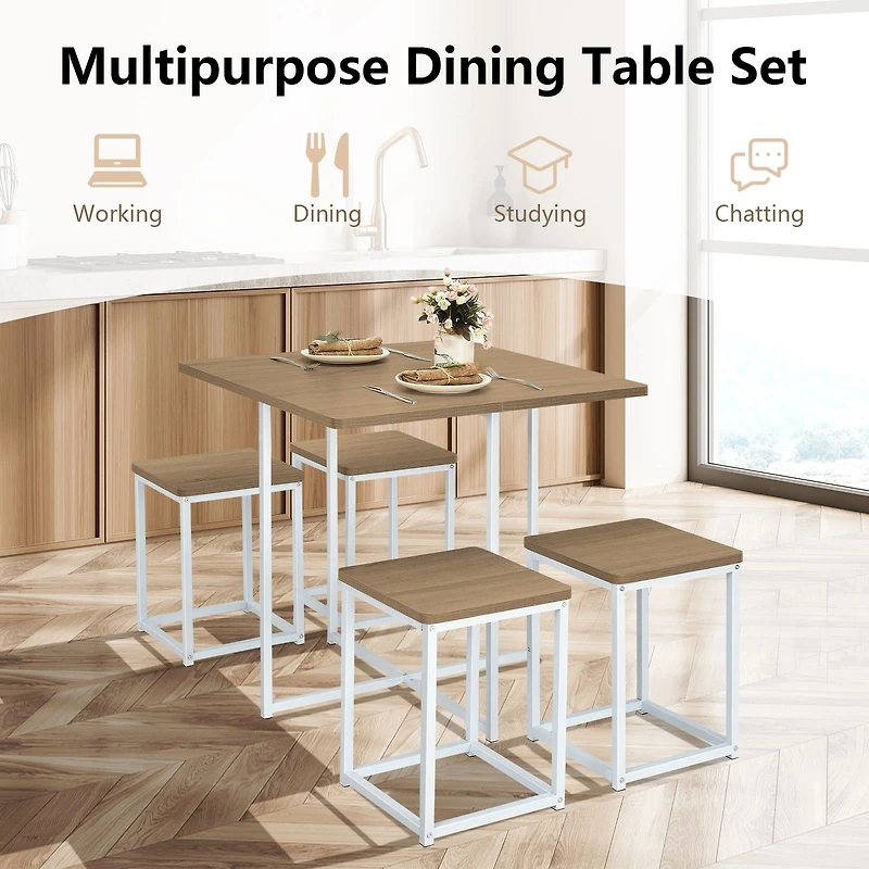 Ensemble de salle à manger 5 pièces, structure en métal, comprenant une table compacte et 4 tabourets