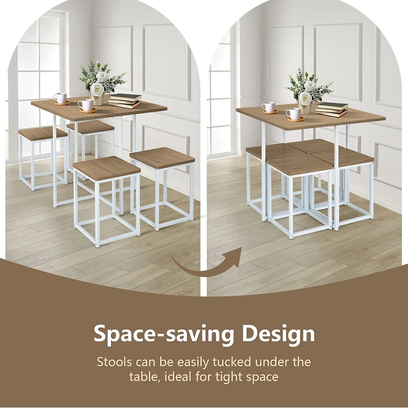 Ensemble de salle à manger 5 pièces, structure en métal, comprenant une table compacte et 4 tabourets