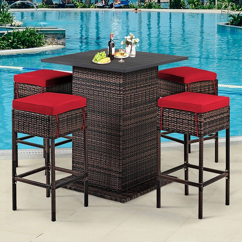 5-Piece Patio Rattan Bar Furniture Set, Cushions and Hidden Storage Shelf
