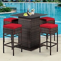 5-Piece Patio Rattan Bar Furniture Set, Cushions and Hidden Storage Shelf