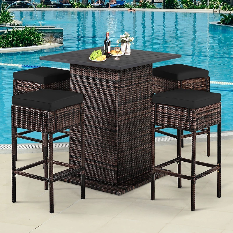 5-Piece Patio Rattan Bar Furniture Set, Cushions and Hidden Storage Shelf
