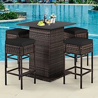 5-Piece Patio Rattan Bar Furniture Set, Cushions and Hidden Storage Shelf