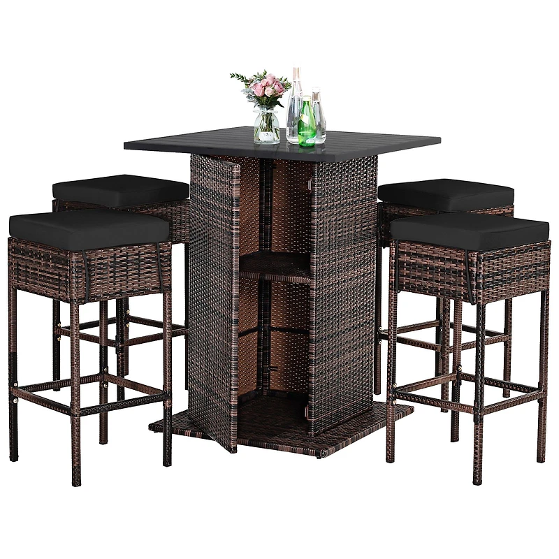 5-Piece Patio Rattan Bar Furniture Set, Cushions and Hidden Storage Shelf