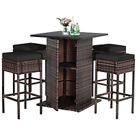 5-Piece Patio Rattan Bar Furniture Set, Cushions and Hidden Storage Shelf