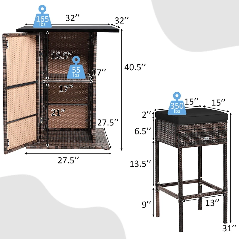 5-Piece Patio Rattan Bar Furniture Set, Cushions and Hidden Storage Shelf