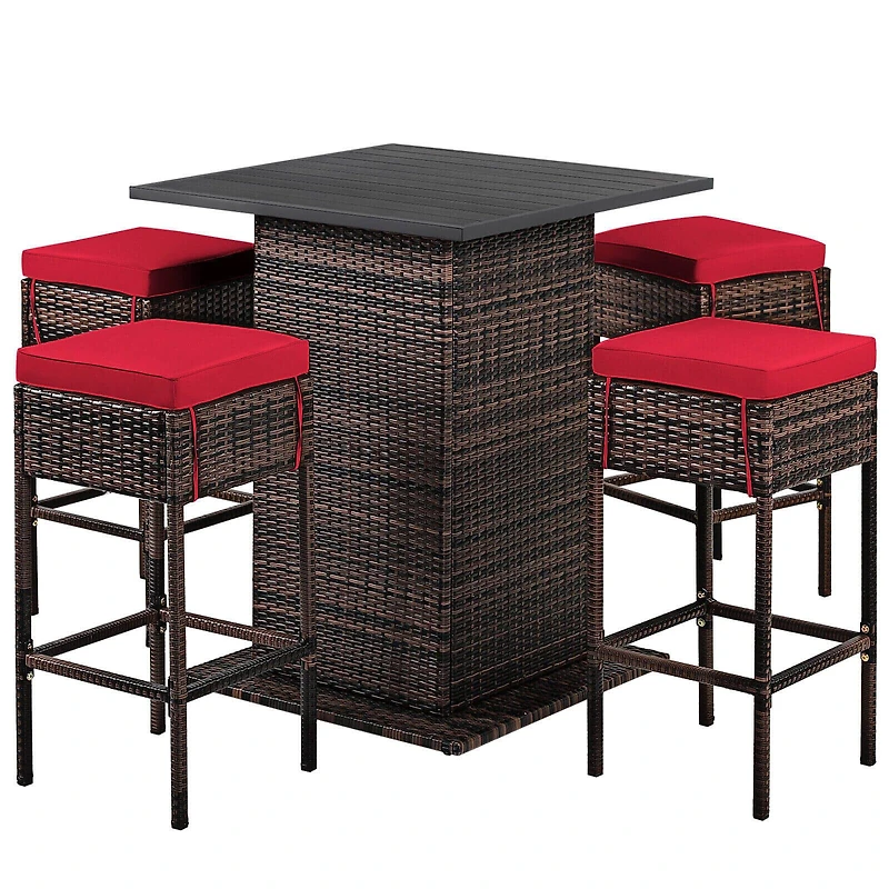 5-Piece Patio Rattan Bar Furniture Set, Cushions and Hidden Storage Shelf