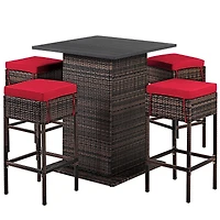 5-Piece Patio Rattan Bar Furniture Set, Cushions and Hidden Storage Shelf