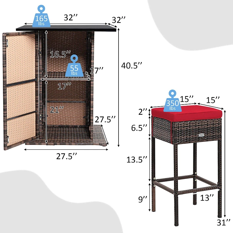 5-Piece Patio Rattan Bar Furniture Set, Cushions and Hidden Storage Shelf