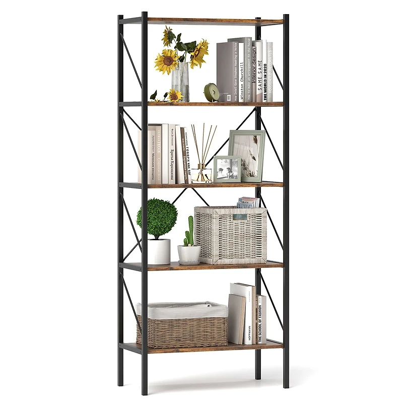 5-Tier Bookshelf, Open Shelves and Heavy Duty Metal Frame - Rustic Brown