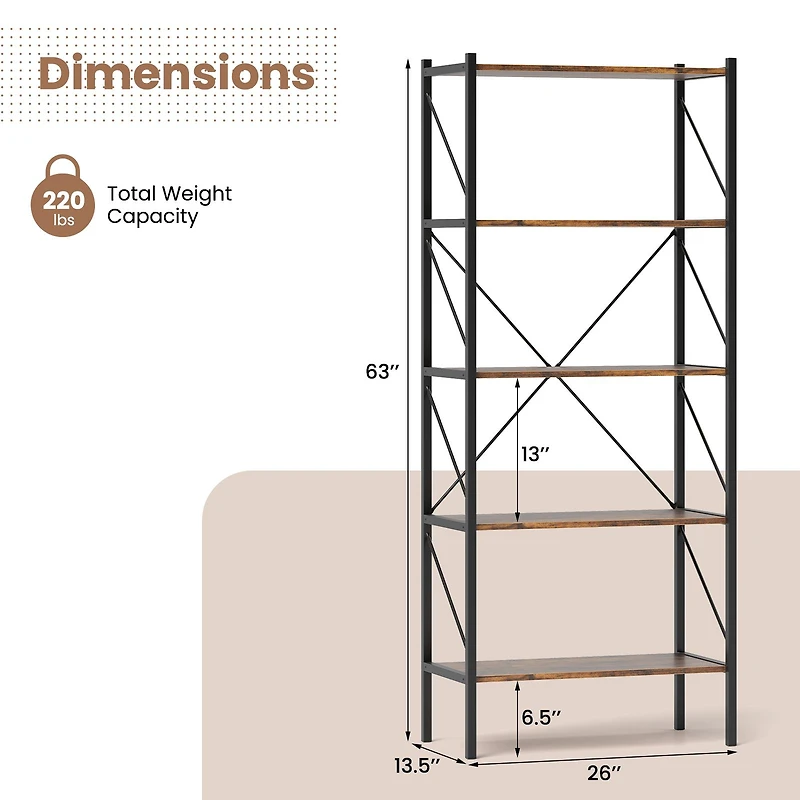 5-Tier Bookshelf, Open Shelves and Heavy Duty Metal Frame - Rustic Brown