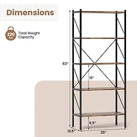 5-Tier Bookshelf, Open Shelves and Heavy Duty Metal Frame - Rustic Brown