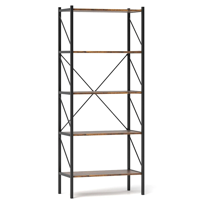5-Tier Bookshelf, Open Shelves and Heavy Duty Metal Frame - Rustic Brown