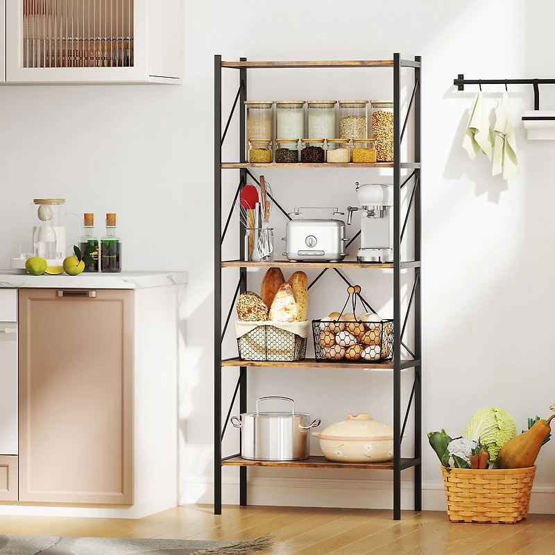 5-Tier Bookshelf, Open Shelves and Heavy Duty Metal Frame - Rustic Brown