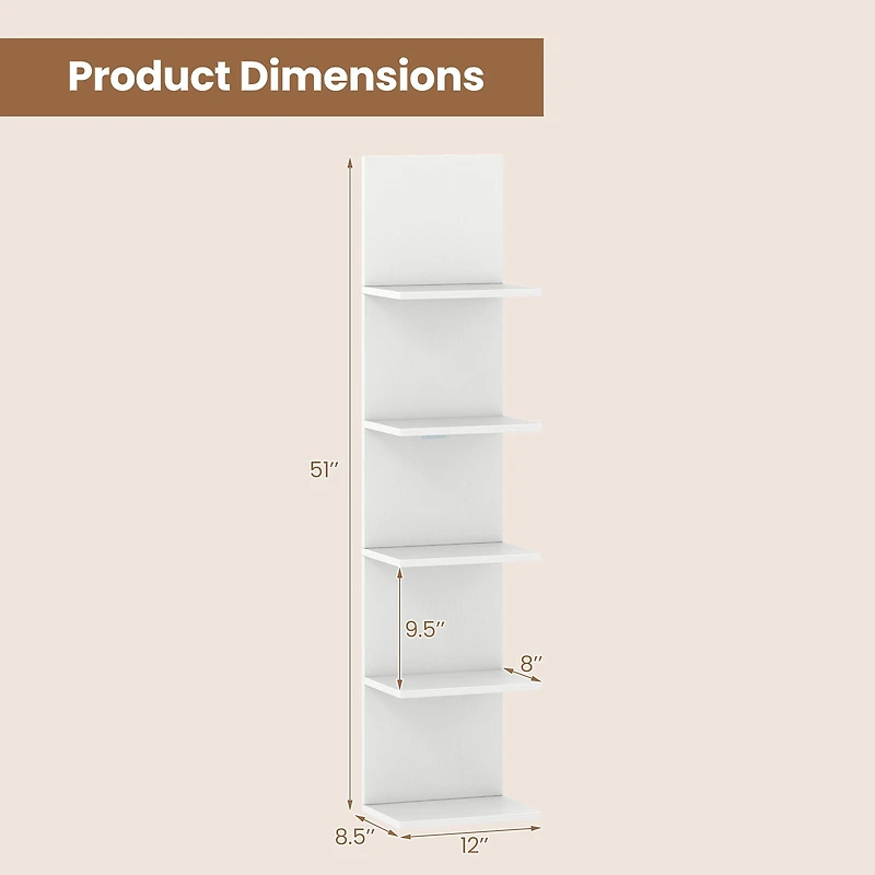 5-Tier Wall Mounted Shelf Unit, Wood Grain - White