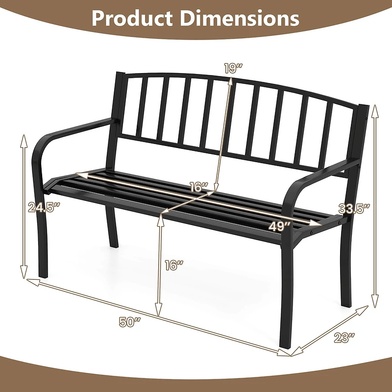 50" Outdoor Garden Bench, Slatted Backrest and Curved Armrests - Black