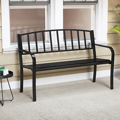 50" Outdoor Garden Bench, Slatted Backrest and Curved Armrests - Black