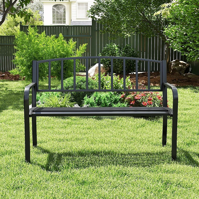 50" Outdoor Garden Bench, Slatted Backrest and Curved Armrests - Black