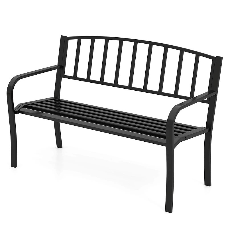 Banc de jardin d'extérieur de 127 cm, dossier à lattes et accoudoirs incurvés - Noir