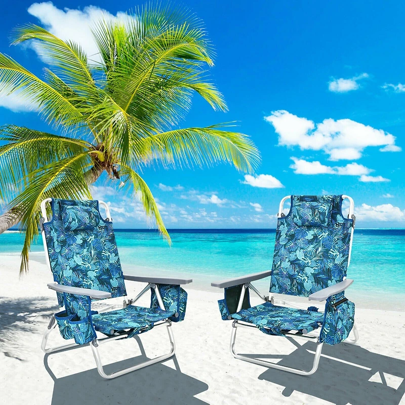 2-Pack Folding Backpack Beach Chair 5-Position Outdoor Reclining Chairs, Pillow
