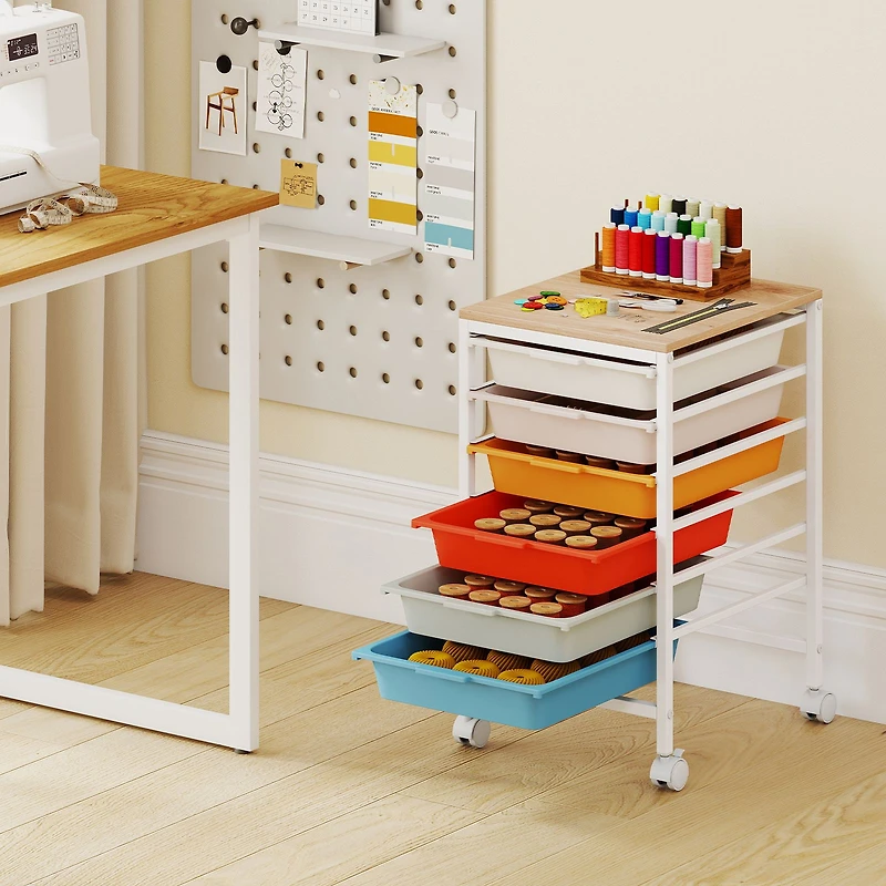 6-Drawer Rolling Storage Cart, Wooden Tabletop - Macaron