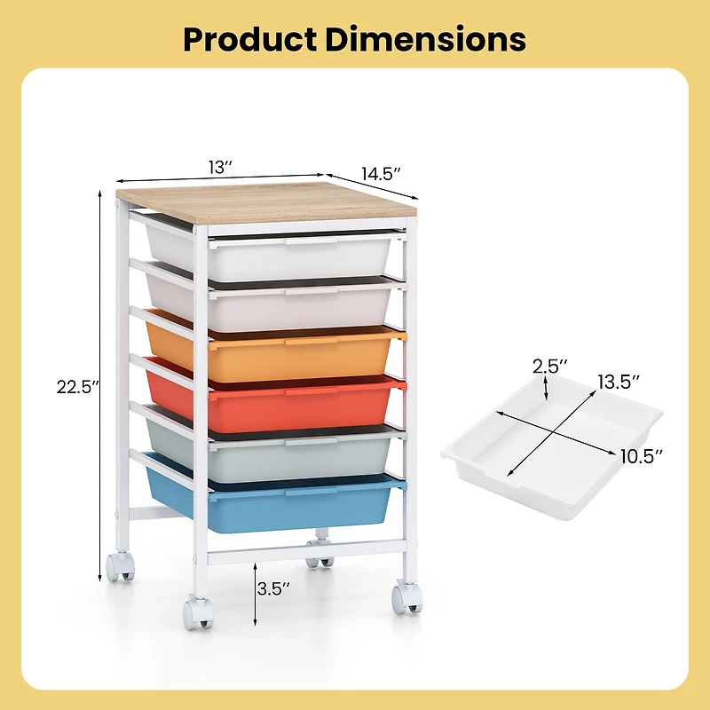 6-Drawer Rolling Storage Cart, Wooden Tabletop - Macaron