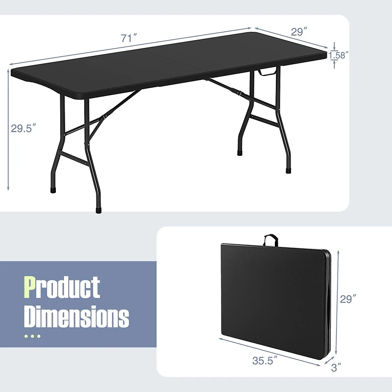 6 ft Portable Folding Table 350 lbs Fold-in-Half Table, HDPE Tabletop