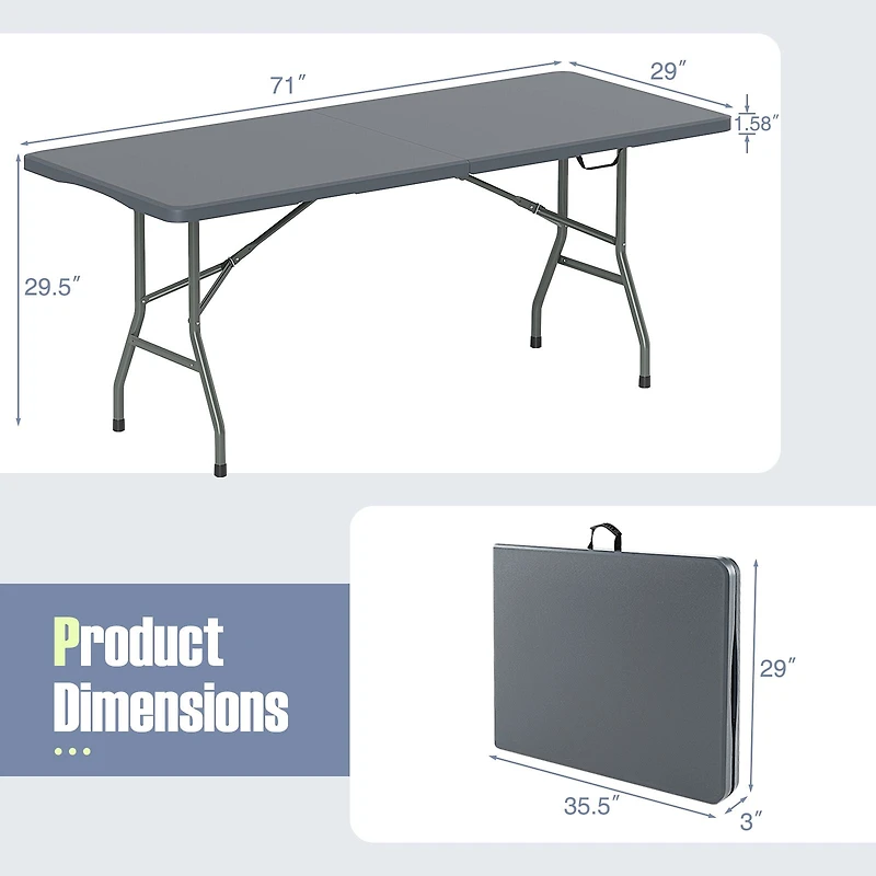 6 ft Portable Folding Table 350 lbs Fold-in-Half Table, HDPE Tabletop