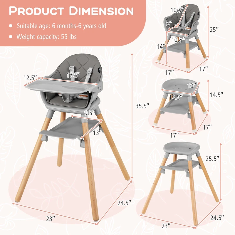 Chaise haute convertible 6 en 1, harnais de sécurité et plateau amovible