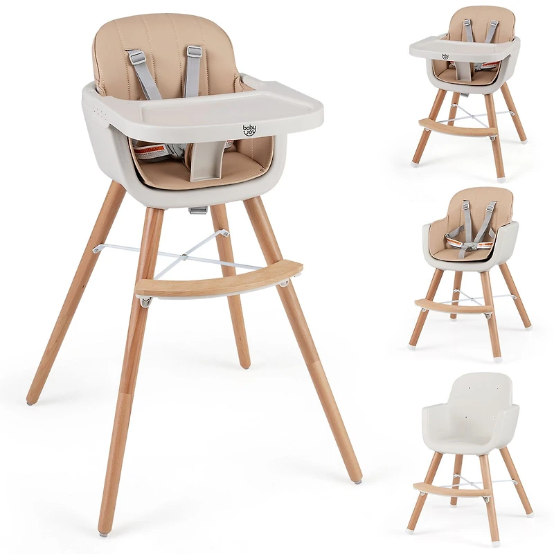 Chaise haute en bois convertible 6 en 1, harnais de sécurité et pieds réglables - Marron clair