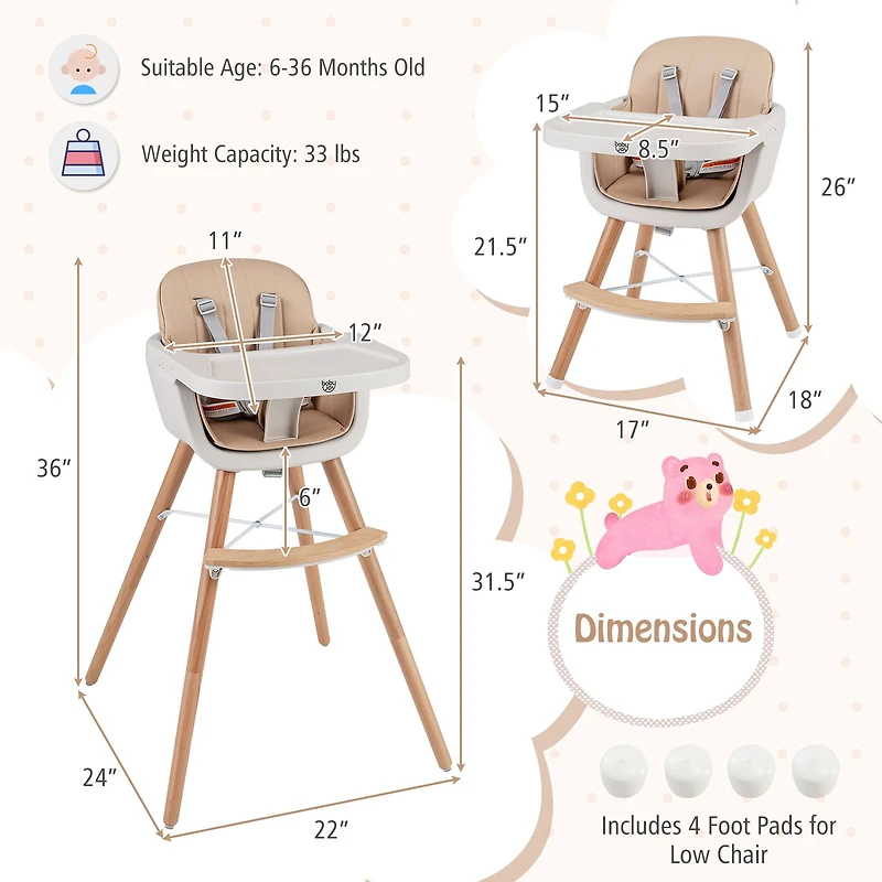 6-in-1 Convertible Wooden Highchair, Safety Harness and Adjustable Legs - Light Brown