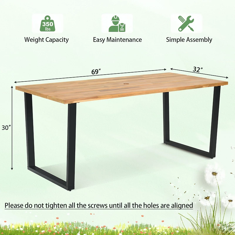 6-Person Acacia Wood Outdoor Dining Table, 2" Umbrella Hole