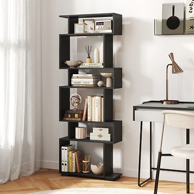6-Tier Geometric Bookshelf, 2 Anti-Tipping Kits for Home Office - Black
