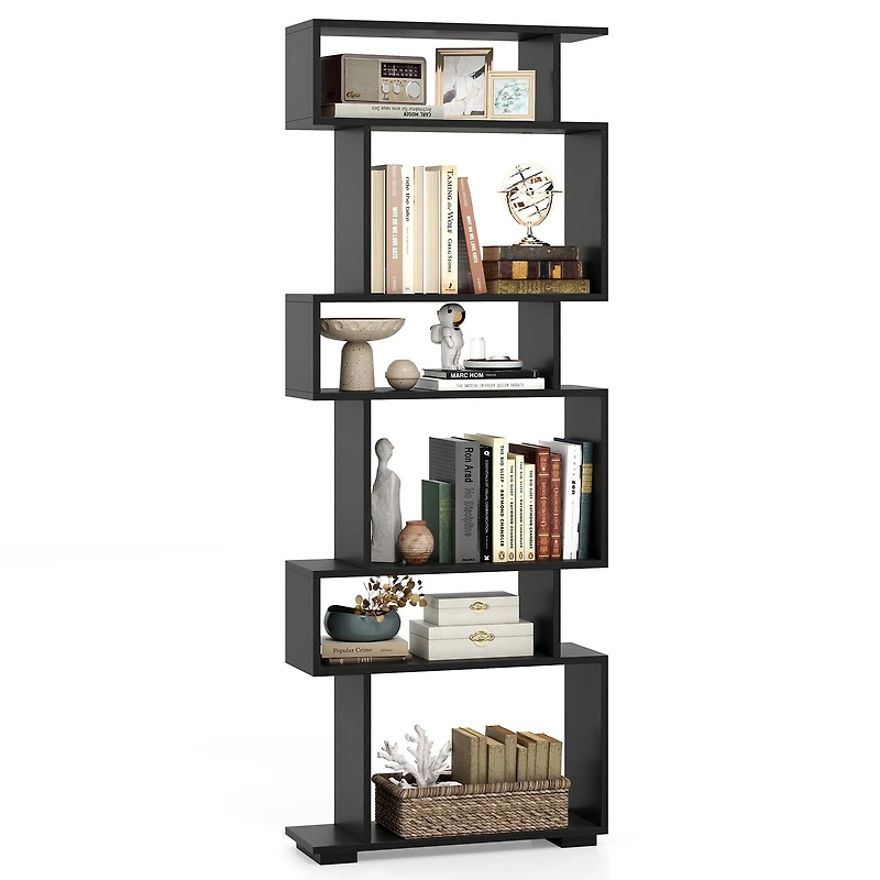 6-Tier Geometric Bookshelf, 2 Anti-Tipping Kits for Home Office - Black